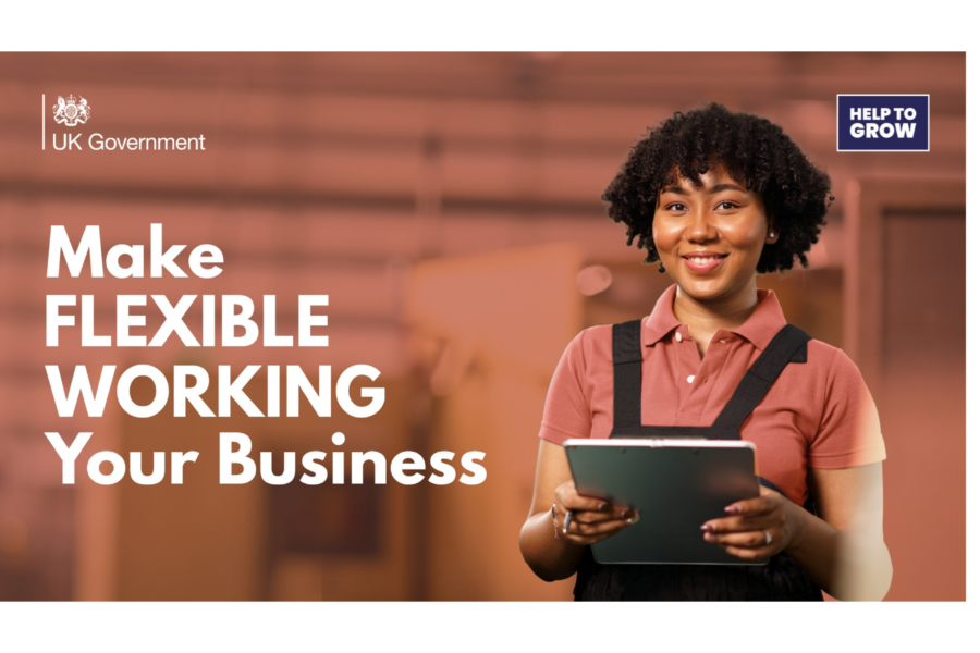 UK Government image of young working woman stood with a tablet in her hand and with text next to her reading, 'Make FLEXIBLE WORKING Your Business'.