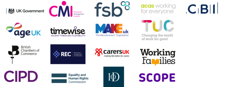 Image showing flexible working partners logos: ACAS, CBI, CMI, FSB, Timewise, Scope, AgeUK, MakeUK, TUC, BCC, REC, CarersUK, CIPD, Equality and Human Rights Commission, IoD and Working Families.